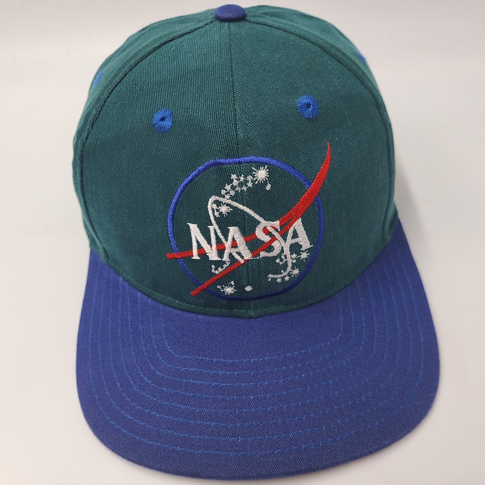 Vintage NASA Hat Snapback Green Blue Kennedy Space Center Logo Souvenir Men